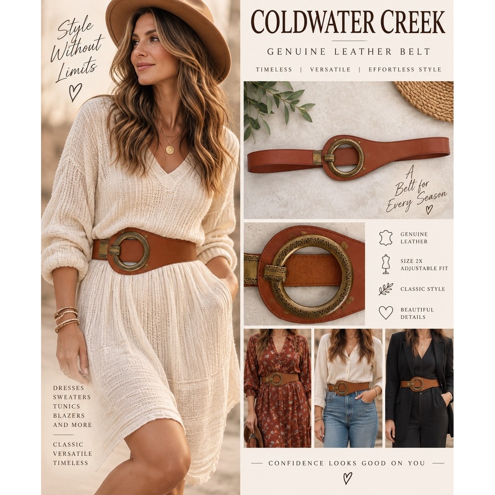 Genuine Leather Cognac Wide Waist Belt Oversized Circle Buckle Boho Western 1x2x